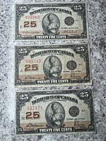 Front view of all three 1923 Dominion of Canada 25 ¢ notes