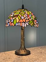 Full view of lamp lit showing shade colours and base