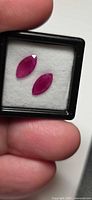 Pair of marquise rubies in gem box, face-up view