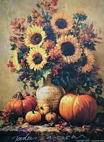 Front view showing full painting with vase of sunflowers and pumpkins