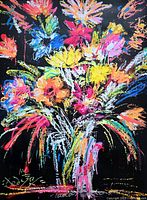 Front view of mixed media floral painting showing vibrant colours and signature