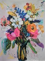 Front view of colourful floral painting showing composition and colours