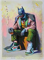 Front view of signed mixed media artwork showing Batman portrait