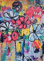 Front view of colourful floral painting with artist signature