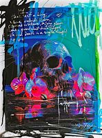 Close-up of painting showing skull, orchids, text and signature