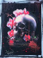 Front view of the mixed-media painting showing skull with orchids and artist signature