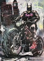 Front view of the mixed media painting showing masked rider on motorcycle, colors and details