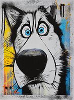 Front view of full painting showing husky portrait, colors, signature