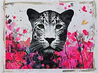 Front view of signed mixed media painting featuring leopard and abstract flowers