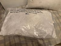 sealed feather pillow in plastic bag labeled lot 56