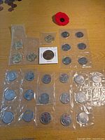 Overall layout showing plastic flip strips with quarters and one coin in cardboard holder