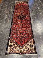 Full view of the handmade Hamadan runner rug showing overall pattern and size