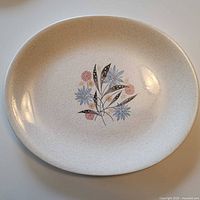 Full view of oval speckled platter with floral motif