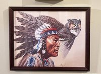 Front view of framed print showing chief and owl