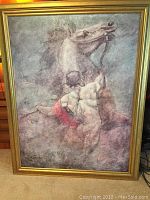 Full framed print showing man with horse, gold frame, vertical orientation