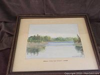 Framed watercolor painting titled 'Island View' showing a calm water scene with green trees along the shoreline