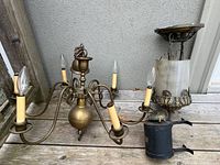 Brass six-arm chandelier, ornate hanging light, Hiram L. Piper oil lamp font