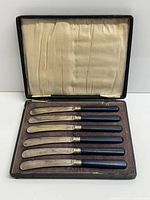 Open case showing eight knives in brown felt tray and silk-lined lid