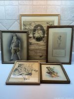 Group image of five framed children-themed pieces
