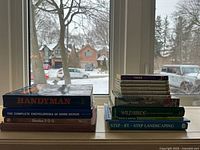 Two stacks of assorted books on window ledge