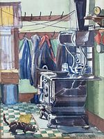 Close-up of painting showing kitchen scene with stove, coats and cat