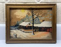 Full view of framed winter cabin painting