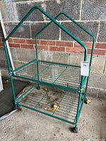Front angled view of green metal plant stand on casters, two wire shelves visible