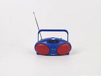 Front view showing blue casing, red speakers, control panel, handle, headphone jack