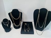 All seven rhinestone pieces on displays and tray