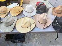 Group view of nine hats on table