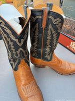 Pair of Lucchese two-tone leather cowboy boots, side view showing color contrast and stitching