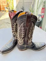 Side view of both boots standing together showing decorative stitching and overall wear