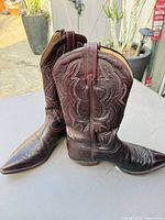 Full view pair of dark brown leather western boots