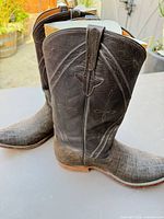 side view of both boots showing shaft stitching and leather texture