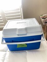 Exterior of blue cooler showing lid, handle, and body