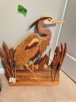 Full view of wooden intarsia heron wall art front
