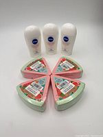 Group shot showing all four bath bombs and three antiperspirants