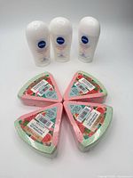Group shot of 4 bath bombs and 3 Nivea antiperspirants