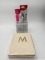 All items grouped in mesh holder showing notebooks at front and packaged stationery inside