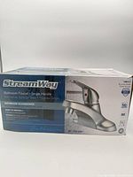 Front of retail box showing StreamWay 188317 brushed nickel single-handle bathroom faucet image and branding