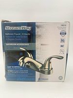Front of StreamWay bathroom faucet retail box showing product and specifications