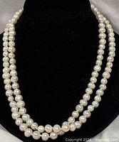 Full double-loop view of pearl necklace on display bust