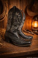 Full view of both boots showing stitching, leather, and condition