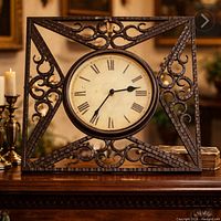Front view of square wrought iron clock on wooden surface