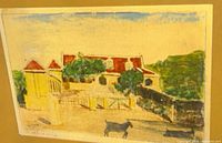 Full view of painting showing courtyard, goats, matting