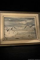 Front view of framed monochrome landscape painting