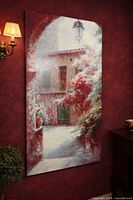 Full view of painting on dark red wall, shows subject and dimensions