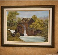 Full view of framed watermill landscape painting