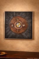 Full view of framed mixed-media abstract painting on wall