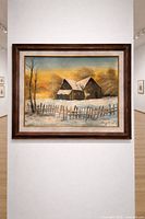 Full frontal view of framed winter landscape painting hung on gallery wall